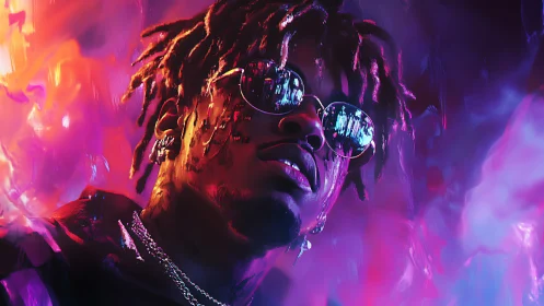 Neon-saturated portrait of reflective cyber-glitch performer.