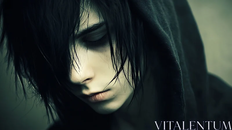 Quiet hooded youth gazes downward in soft, moody light