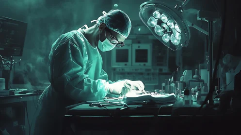 Neon-quiet surgeon bends light and steel in midnight theatre.