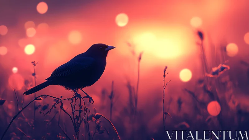 Silhouette of small bird against vivid sunset bokeh sky.
