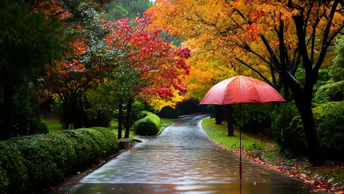 Suspended red umbrella in reflective autumn rain corridor.