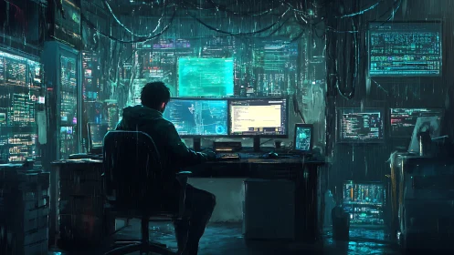 Solitary hacker codes in neon-lit cyberpunk command nexus