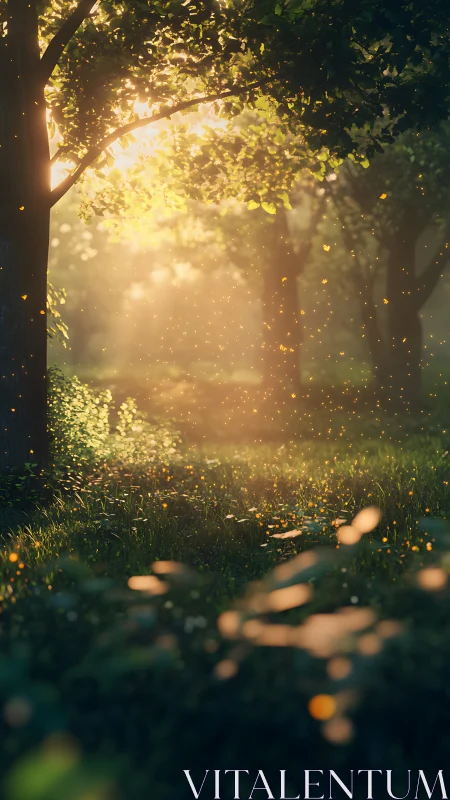 Golden sunlight filters through forest canopy with scattered particles