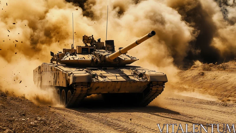 Main battle tank advances through dust on arid terrain