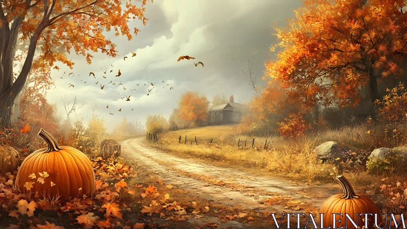 Rural dirt road with pumpkins and autumn foliage scene.