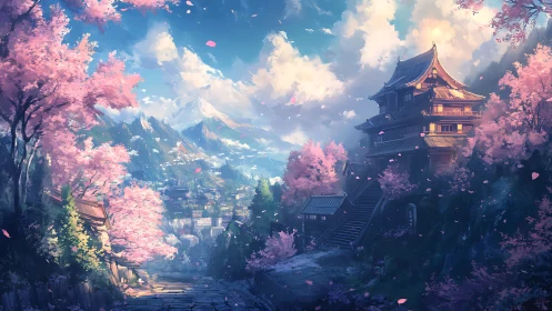 Mountain temple overlooks cherry blossom valley at dawn