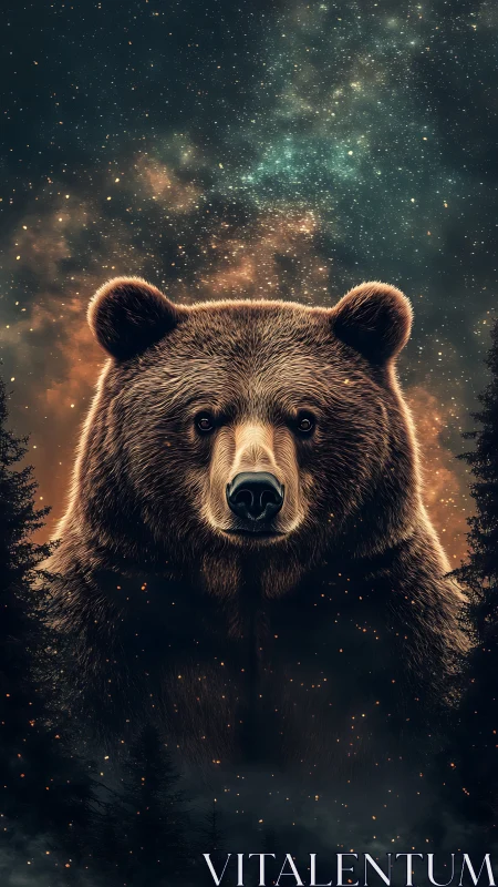 Starlit forest guardian bear glowing against embered night.