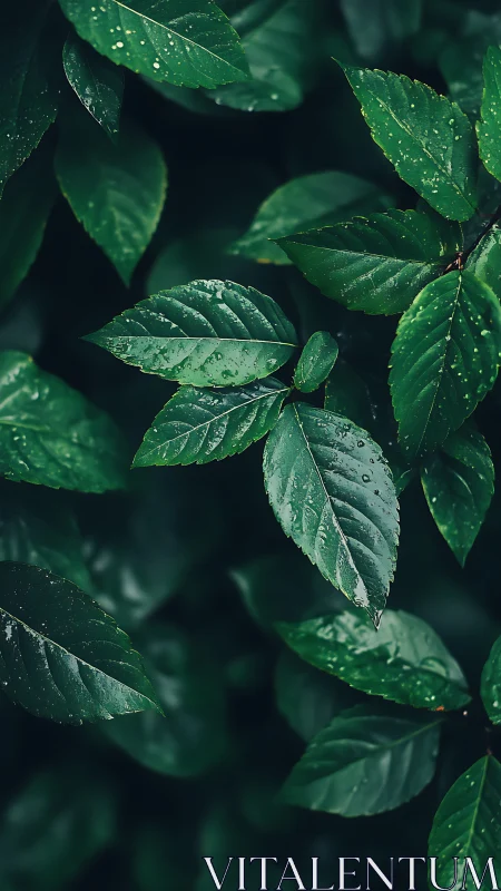 Macro foliage array with dew-laden laminar leaf surfaces.