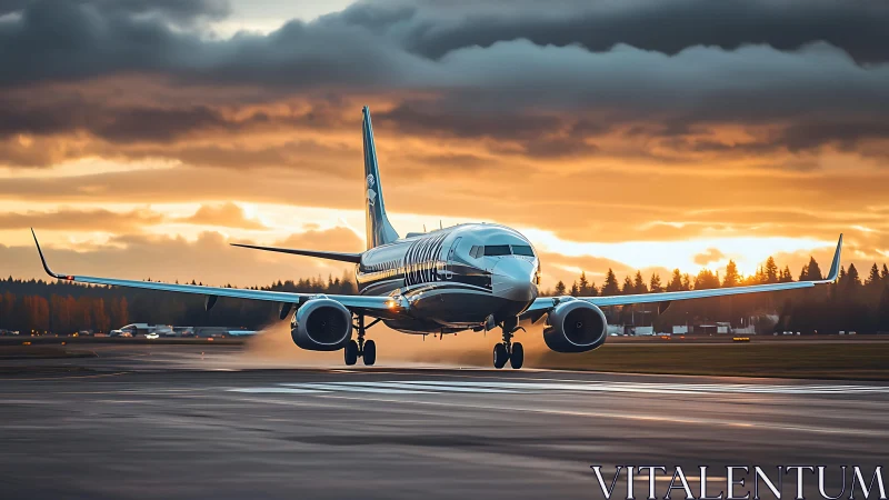 Sunset runway sparks as the silver jet kisses the ground