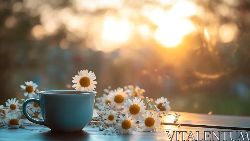 Ceramic cup and daisies catch warm sunset backlighting