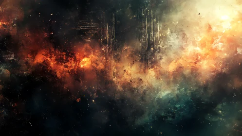 Cosmic nebula ignites in swirling fire and shadowed void.