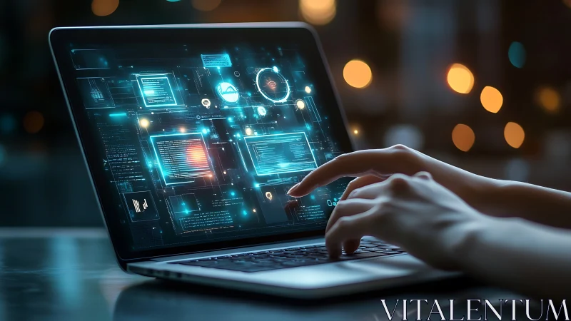 Cybernetic interface on laptop with holographic data overlays