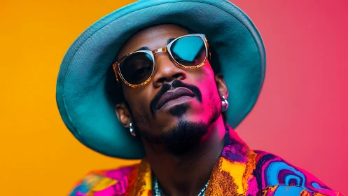 Stylish portrait shows man in hat against vivid bicolor background