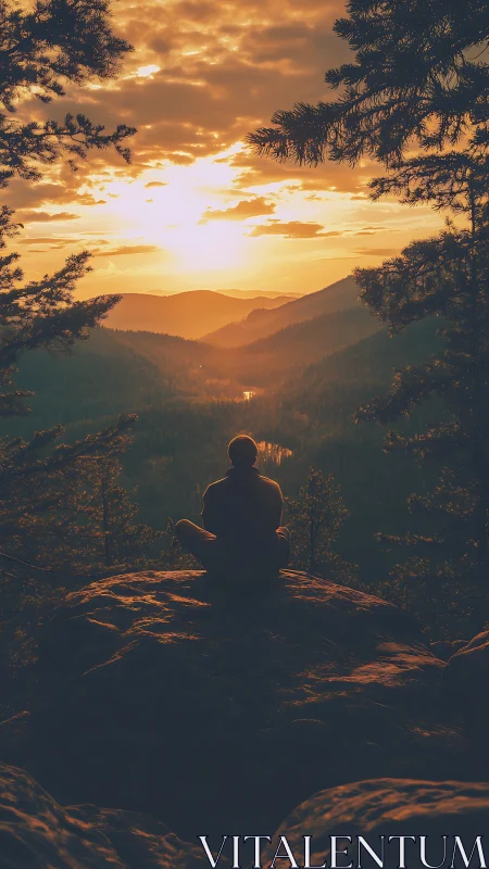 Person seated on cliff overlooking forested valley at sunset.
