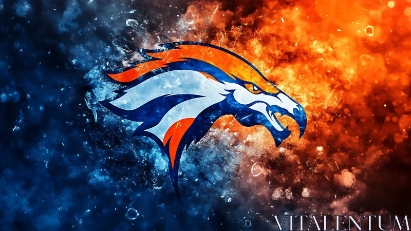 Blazing stallion emblem between roaring fire and ice storm.