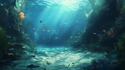 Photorealistic undersea canyon with volumetric light beams.