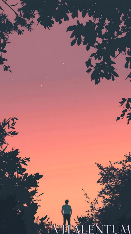 Quiet stargazer beneath rosy dusk branches of evening.