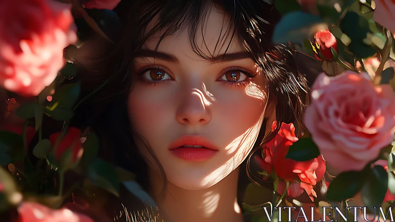 Soft sunlight meets a serene face framed by blooming roses