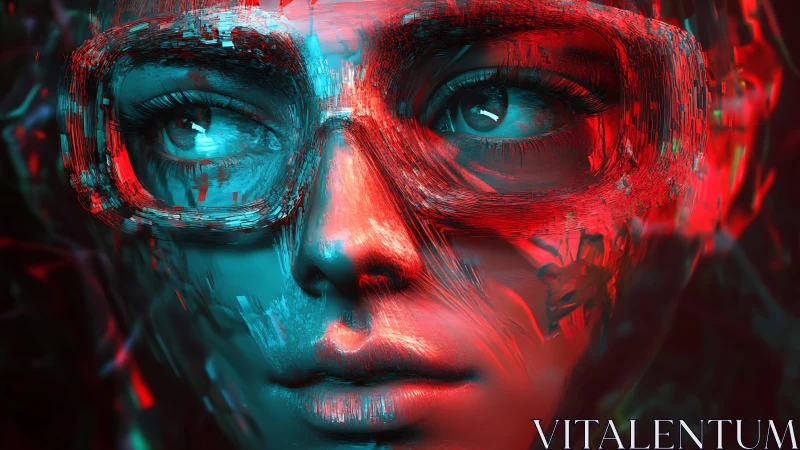 Cyberpunk portrait with glitch visor and neon red light.