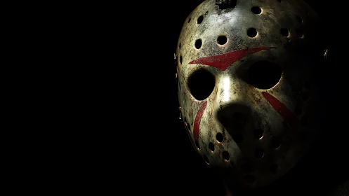 Hockey mask emerges from darkness with chilling intensity