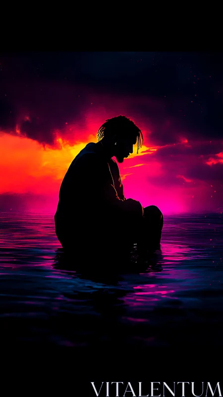 Silhouetted figure kneels in neon dusk over reflective water