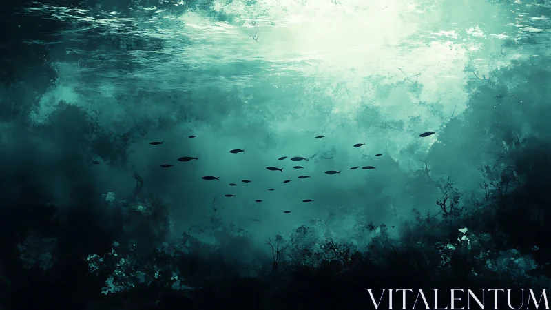 Submerged underwater scene with distant fish silhouettes.