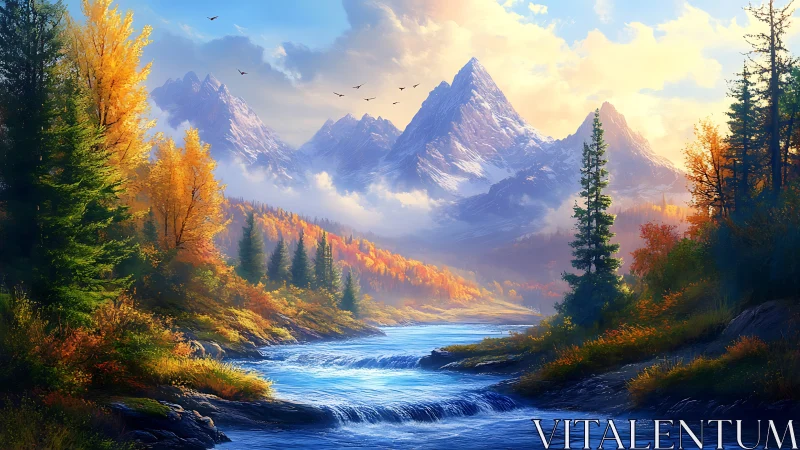 Autumn river valley beneath snowcapped alpine peaks at sunrise.