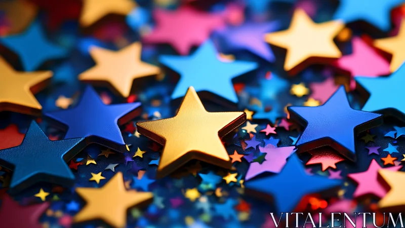 Layered metallic stars in vivid multicolor celebration scene.