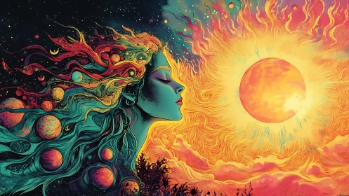 Solar goddess profile with cosmic hair confronting radiant sun