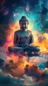 Digital painting of cosmic Buddha above prismatic clouds.