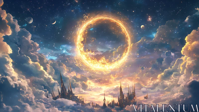 Radiant celestial ring crowns a dreamy floating sky kingdom
