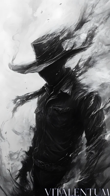 Shadowed gunslinger dissolves into swirling monochrome smoke.