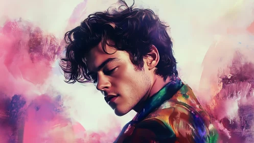 Profile portrait of young man in colorful digital style.