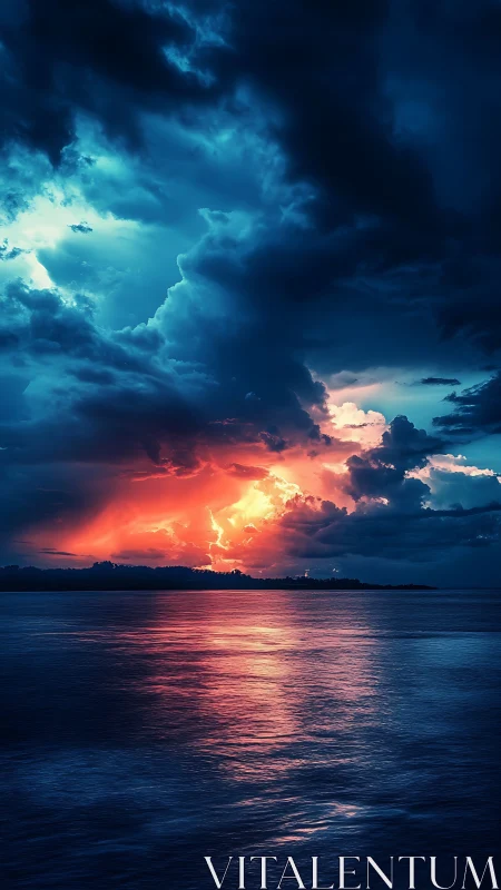 Fiery stormy sunset pours glowing light across calm water