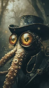 Cephalopod-headed figure in top hat within misty forest.