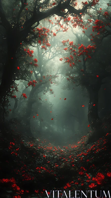 Misty forest path lined with blooming red flowers and dark silhouetted trees