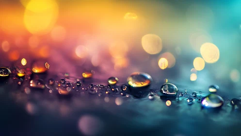 Prismatic raindrop constellations on a neon twilight shore.