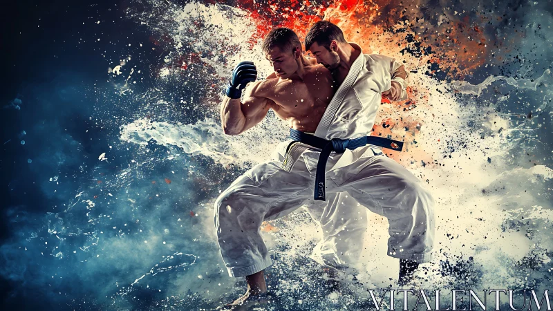 Martial artists sparring amid abstract explosive splash effects.