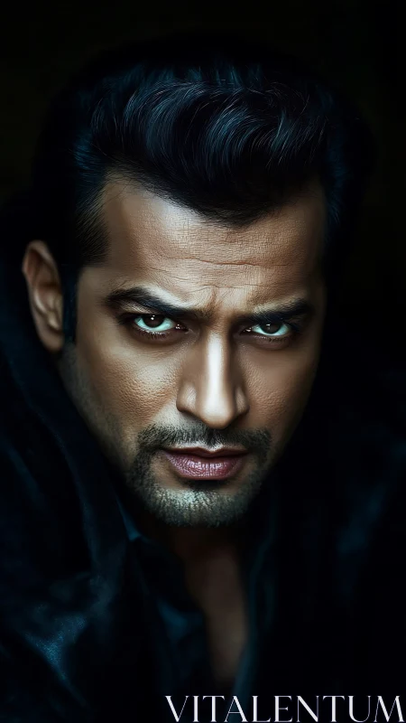 Intense male portrait glows through dramatic low-key lighting.