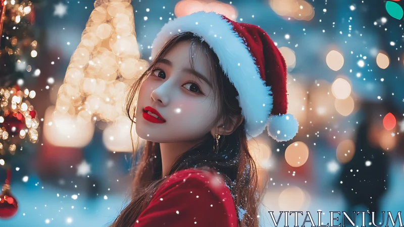 Snowlit holiday muse in scarlet Santa velvet and bokeh glow.