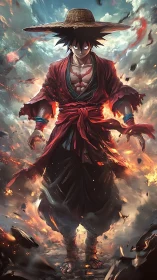 Straw hat warrior stands in flames with intense, focused gaze