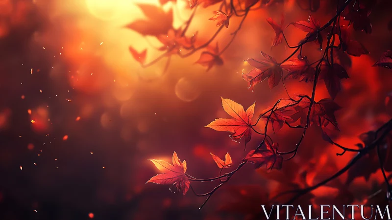 Golden autumn light gently cradles glowing red maple leaves