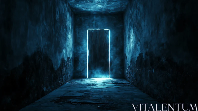 Narrow dark corridor with closed door outlined by blue light.