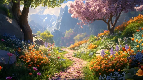 Sunlit alpine flower trail under cherry blossom canopy