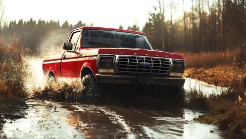 Bold red pickup truck splashes through a muddy forest trail