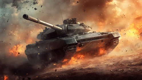 Photorealistic battle tank in dynamic explosive combat scene.