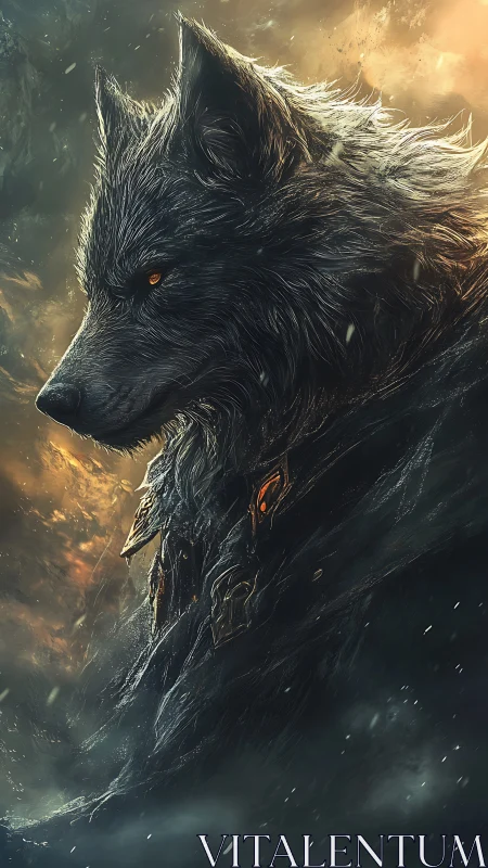 Stormlit armored wolf sentinel in glowing ember dusk.