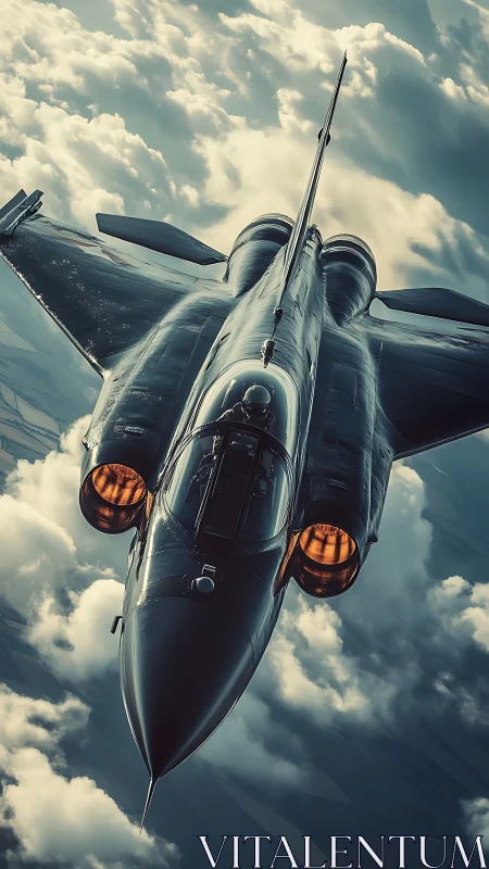 Sleek jet soars above soft clouds with glowing engines.