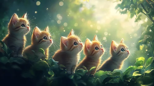Luminous Kittens in Verdant Forest Setting with Bokeh Light Effects