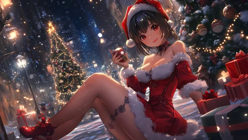 Anime Christmas girl in red Santa dress amid festive street lights